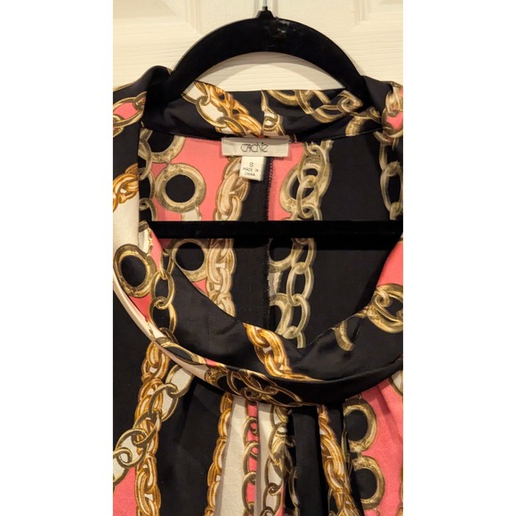 CacheY2 K Silk black pink gold chain print cowl neck short sleeve top Sz S - Picture 4 of 9